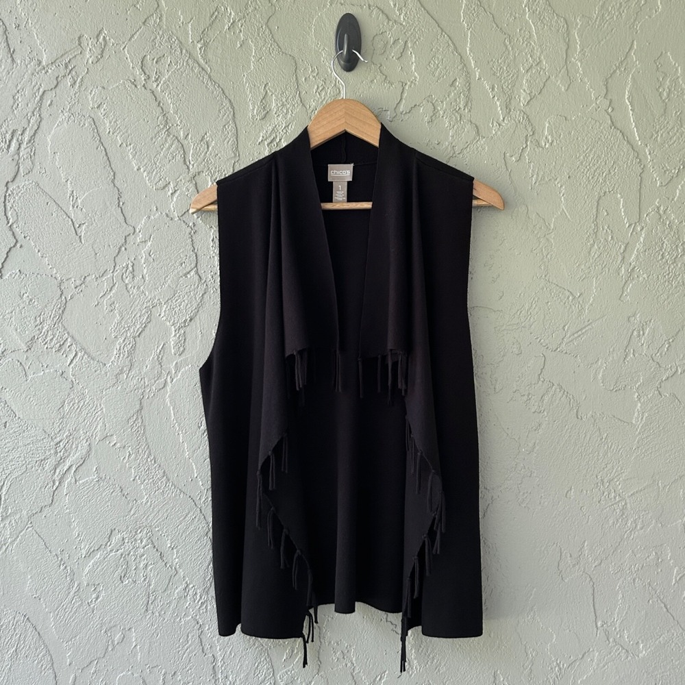 Chico's Women's 1 Black Medium Festive Fringe Open Front Vest Cardigan Top NWOT